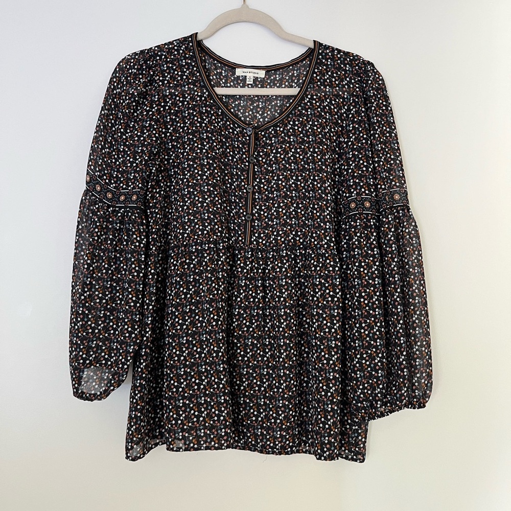 Max Studio Mixed Dot Peasant Blouse - Black